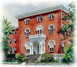 painting of the grant house, red bricks with windows